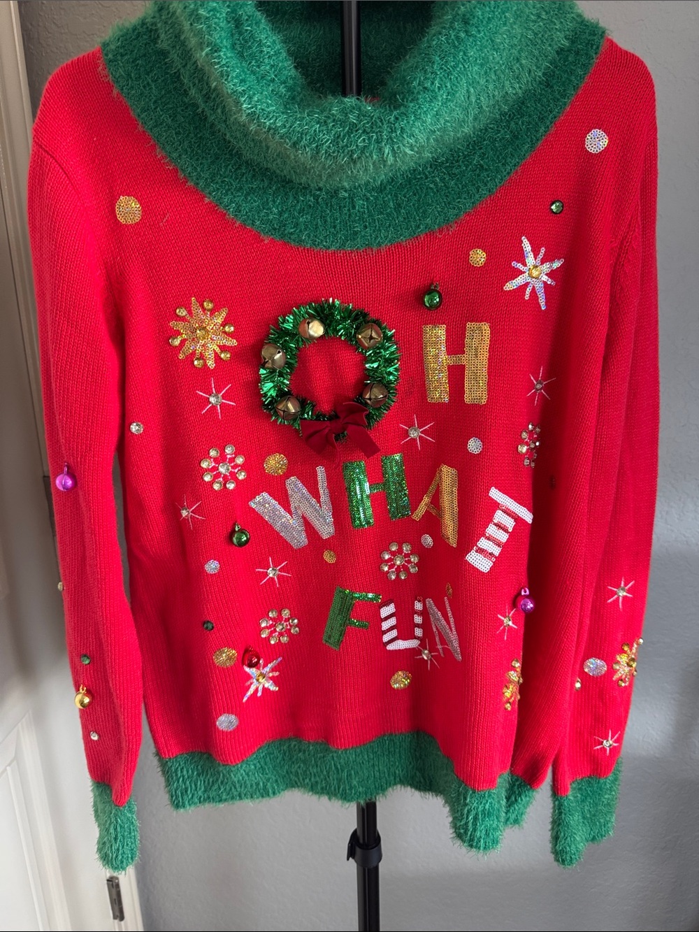 Holiday Time Red and Green Embellished Cowl Neck Sweater